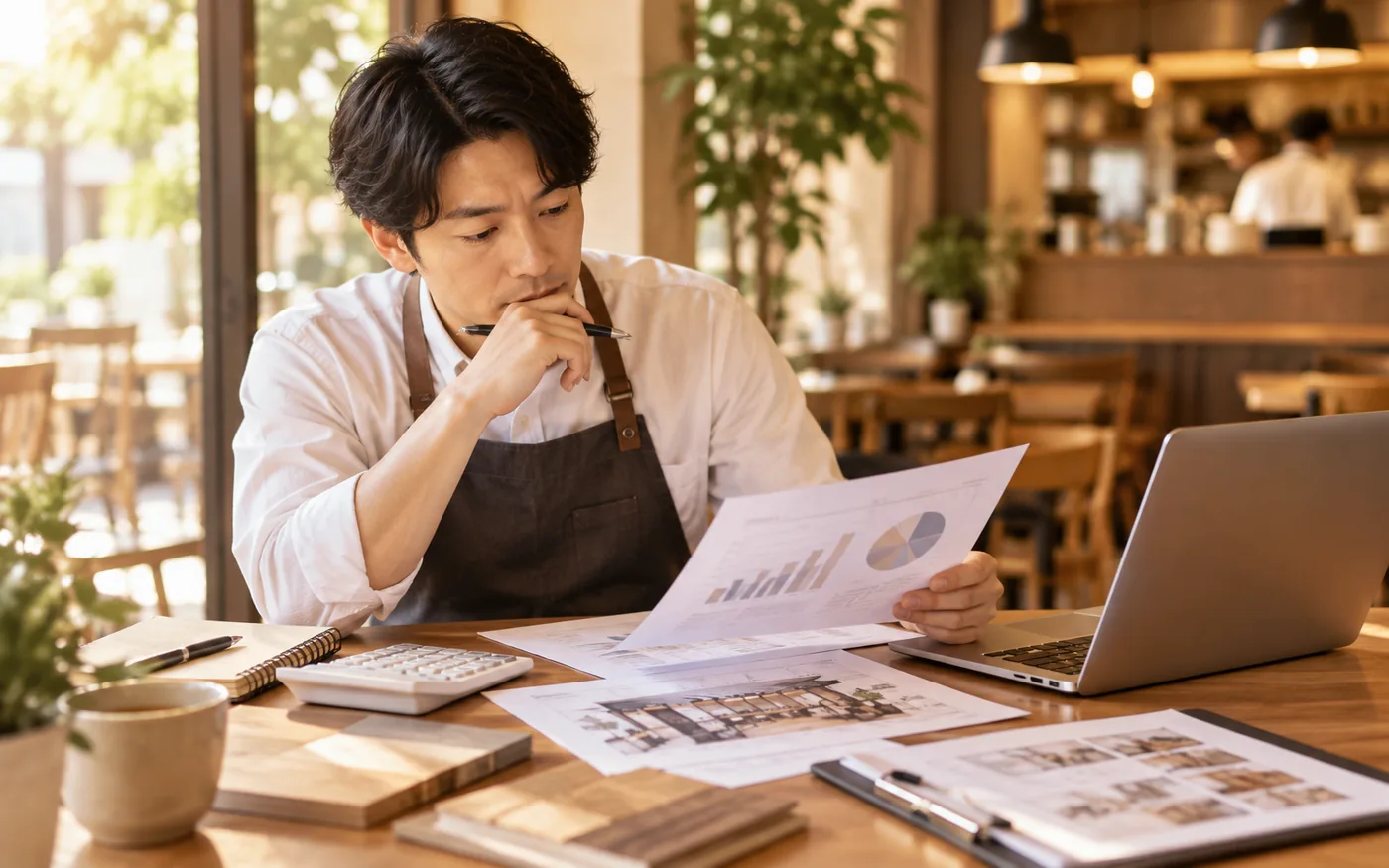 飲食店でロイヤリティや収支資料を確認する店舗運営者
