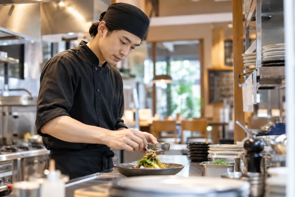 飲食店の厨房で店舗運営に取り組むスタッフの様子