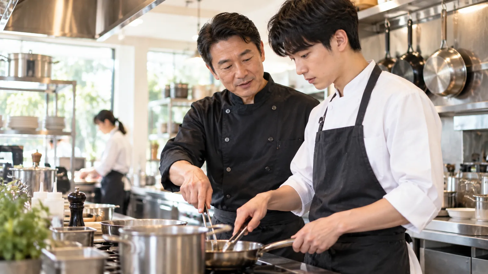 飲食店の厨房で未経験者が調理研修を受ける様子