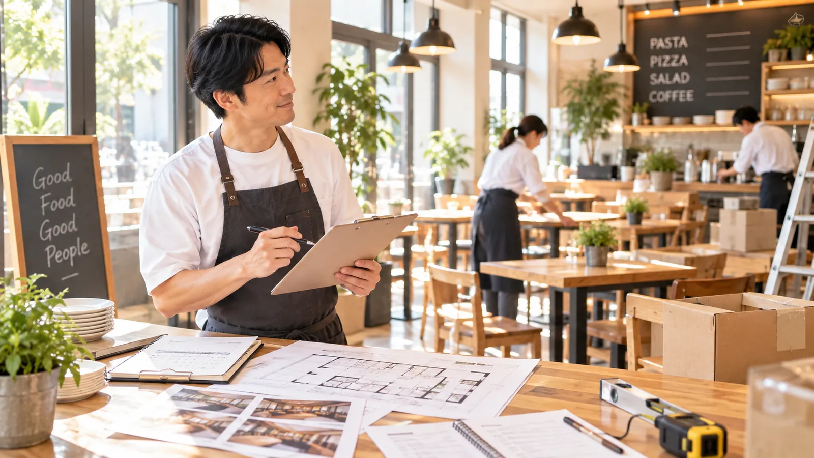 飲食店フランチャイズの開業に向けて店舗準備を確認するオーナー