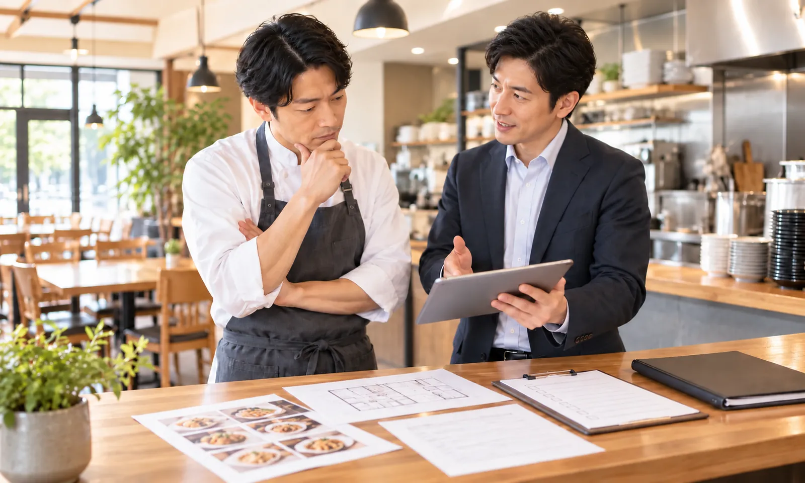 飲食店でフランチャイズ加盟を検討し、本部担当者と開業条件を確認する様子