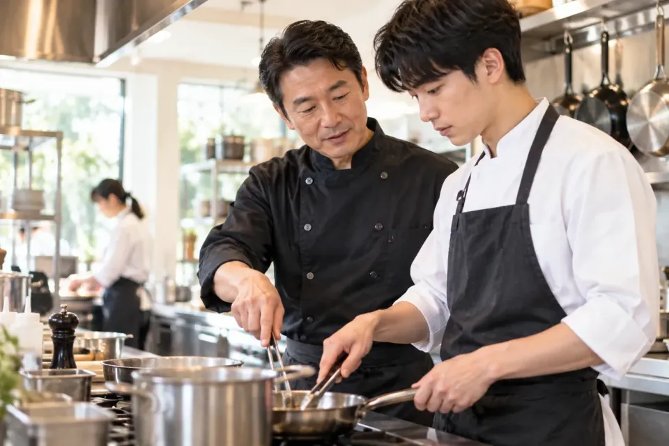 飲食店の厨房で未経験者が調理研修を受ける様子