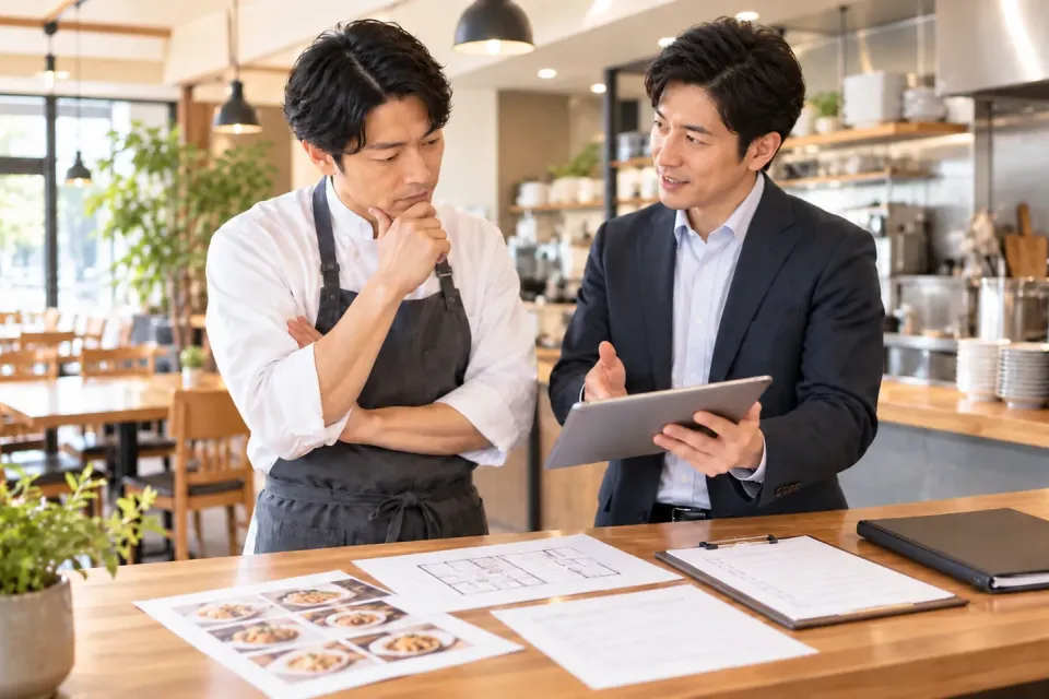 飲食店でフランチャイズ加盟を検討し、本部担当者と開業条件を確認する様子
