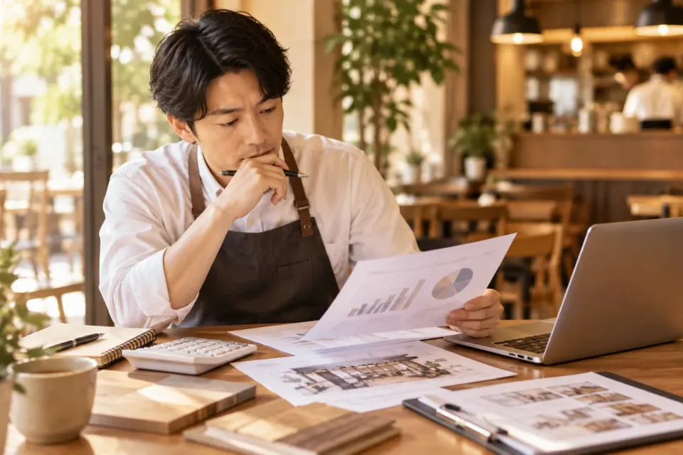 飲食店でロイヤリティや収支資料を確認する店舗運営者