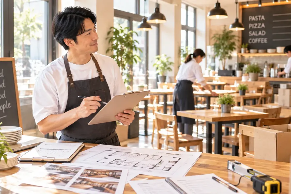 飲食店フランチャイズの開業に向けて店舗準備を確認するオーナー